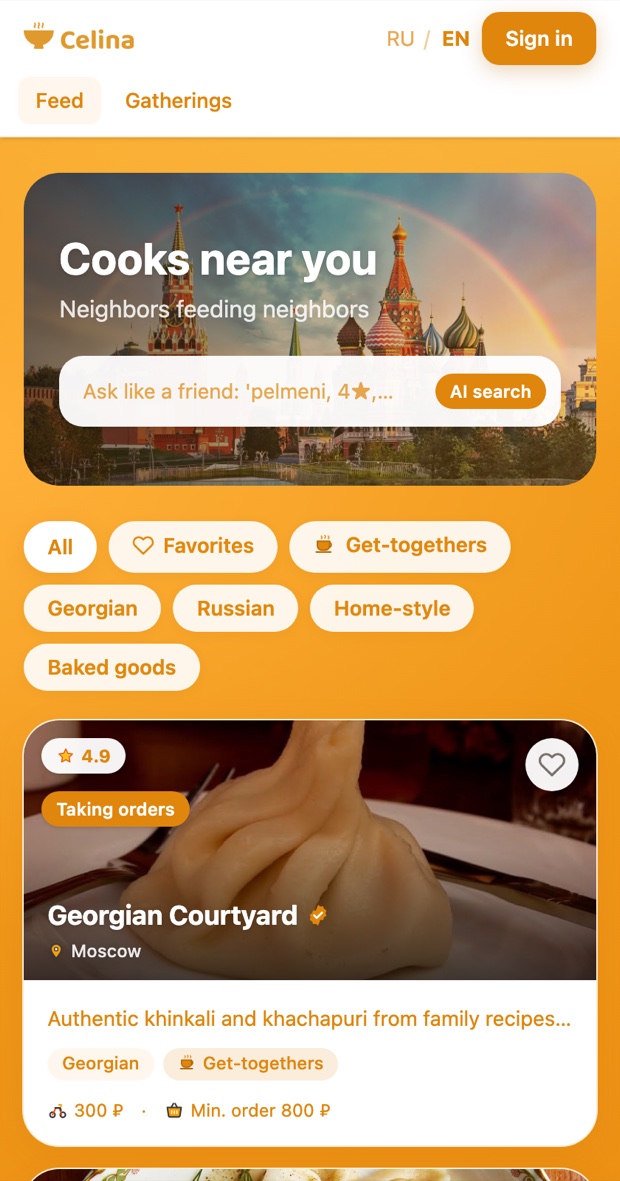 Celina marketplace on a phone — cuisine filters and cook cards with rating, city and minimum order