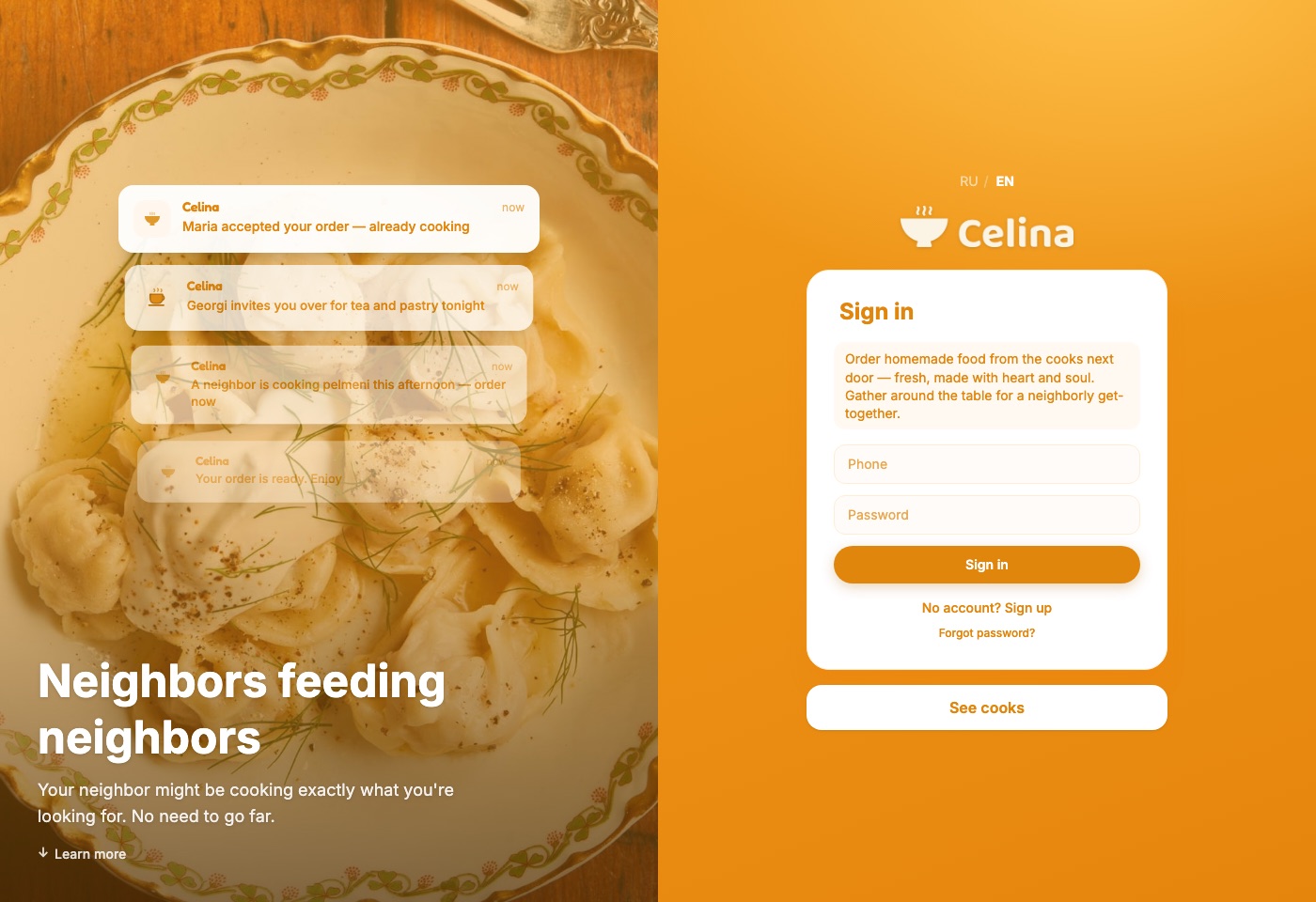 Celina sign-in screen with the live notification stack previewed beside the form