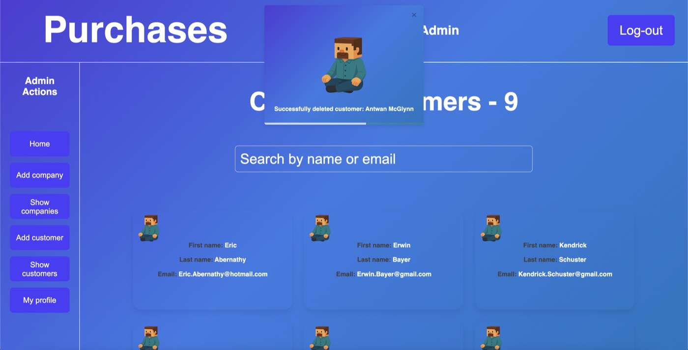 Purchases admin dashboard listing customers with search and management actions