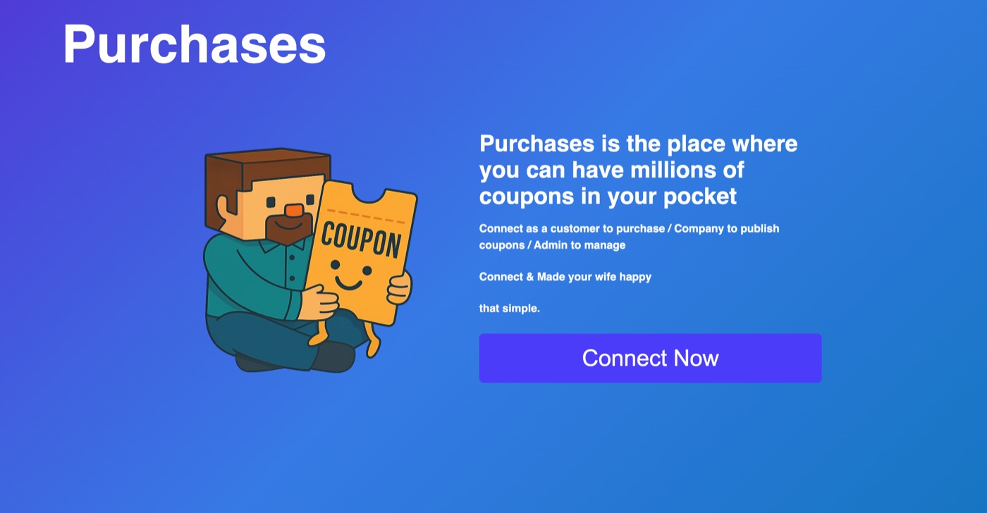 Purchases landing page explaining the three roles: customer, company and admin